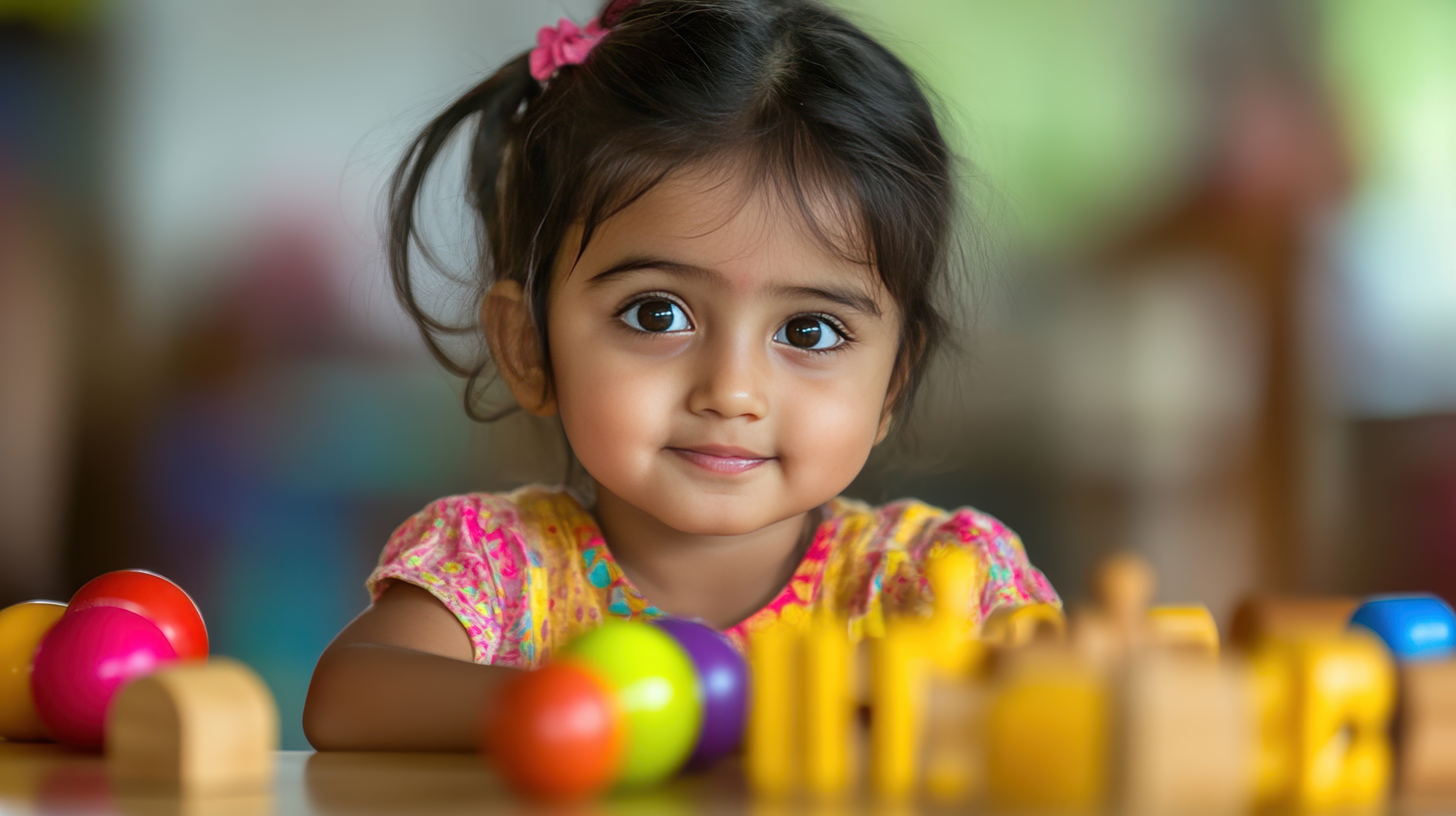 Smiling child playing with colorful toys at Cocomelos Hyderabad